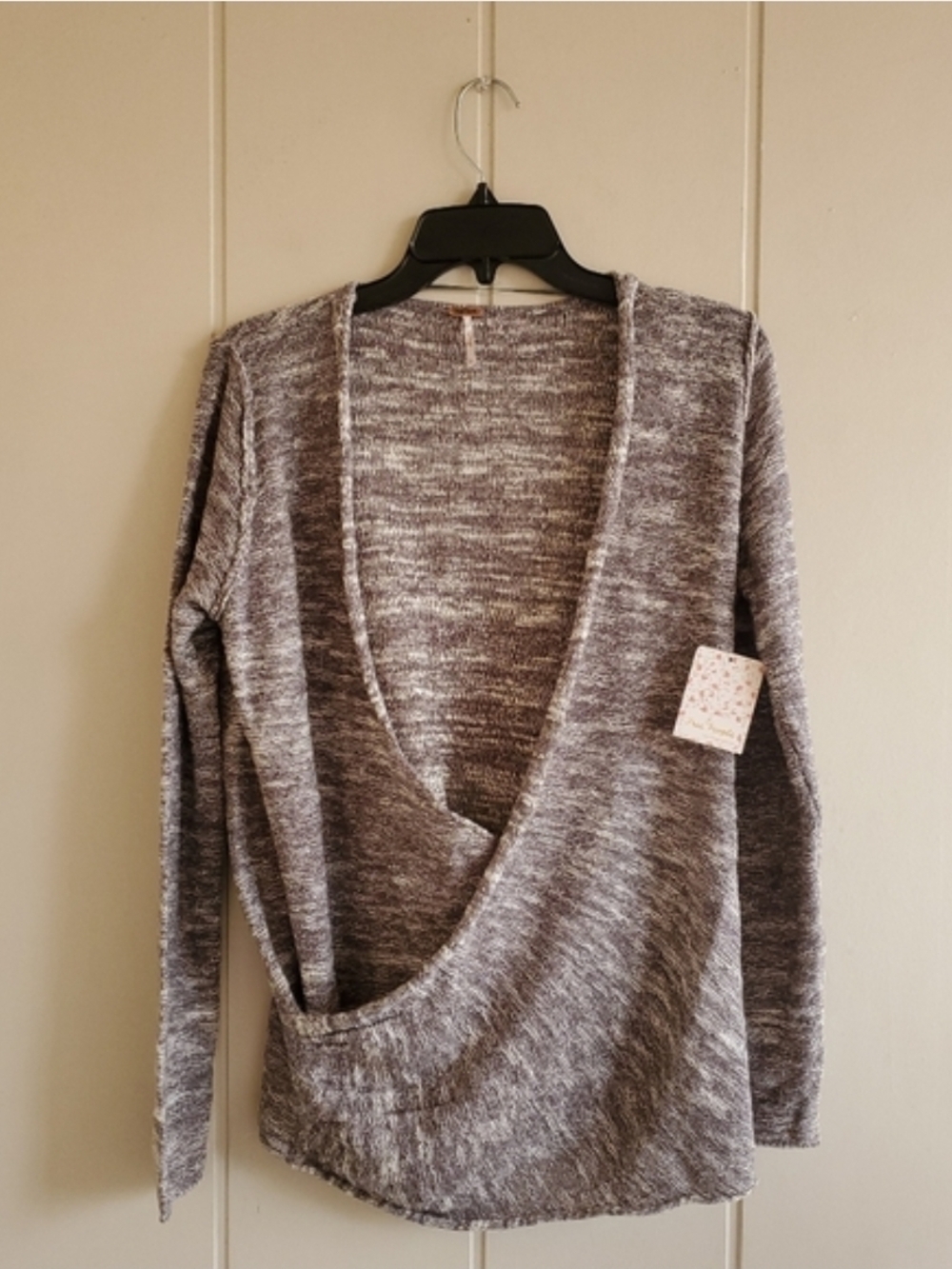 Free People Sweater Womens Large L  Gray Marled Faux Wrap Long Sleeve Blouse